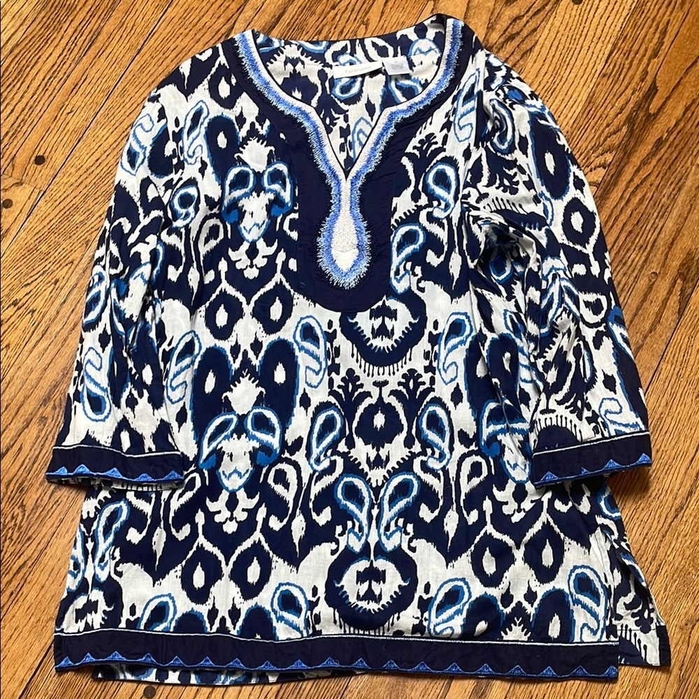 tantrums sz XL 100% Cotton Navy White Periwinkle Ikat Tunic embroidered neck